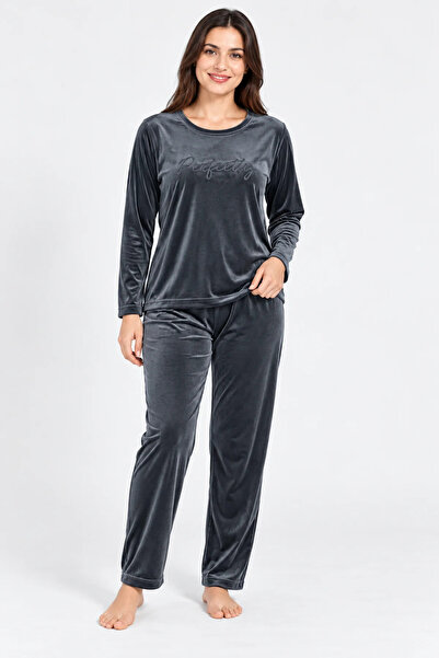 AYSUN TEKSTİL Women's Velvet Long Sleeve Plus Size Pajama Set Crew Neck