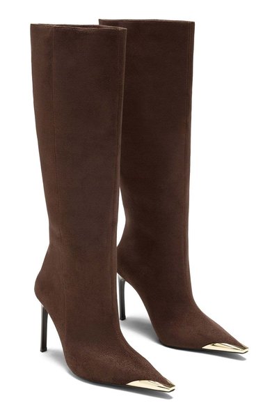 Dedos Women's Brown Suede Pointed Toe Gold Detailed Below the Knee Heeled Boots