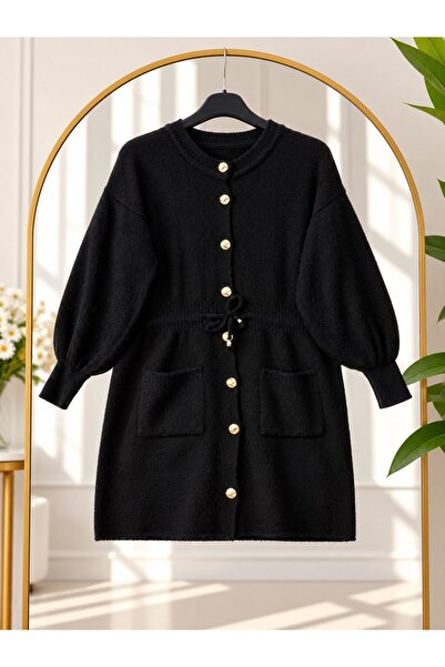 modasindoma Women's Hijab Waist Gathered Buttoned Knitwear Cardigan Black