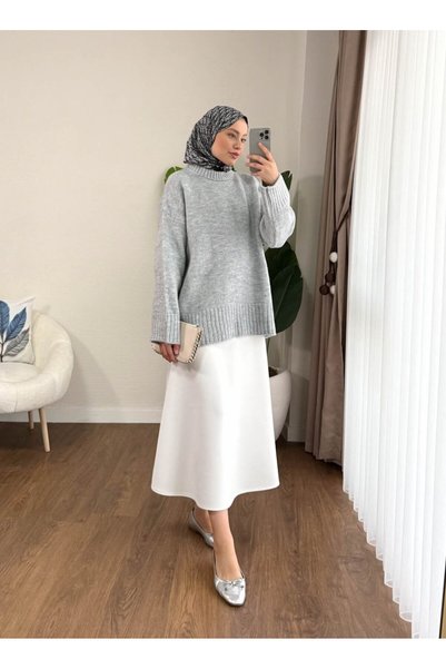 RFK Butik Women's Oversize Crew Neck Hijab Sweater - Gray