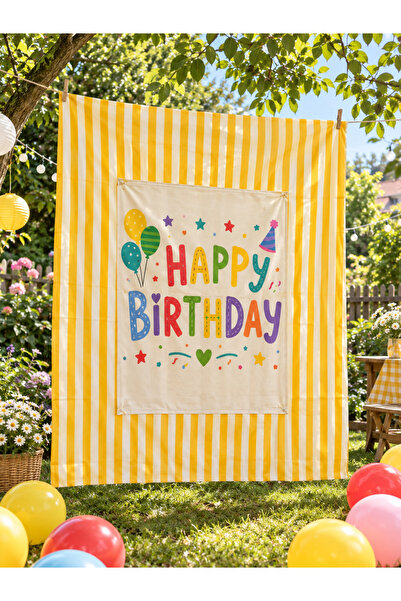 Minia 1 m x 1 m Sarı Beyaz Çizgili Kumaş Doğum Günü Pankartı Happy Birthday B...