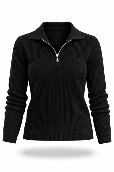 5in1Canpolat Black Polo Collar Zippered Ribbed Knitwear 5668