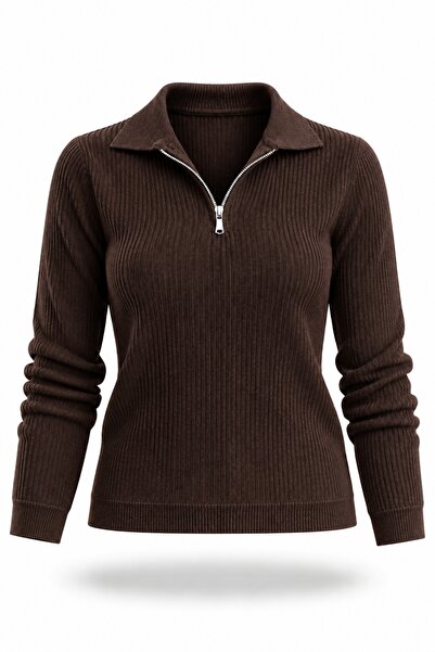 5in1Canpolat Brown Polo Collar Zippered Ribbed Knitwear 5668