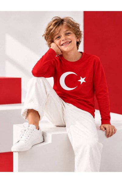 Genel Markalar Bayrak baskılı erkek ve kız çocuk uzun kollu tşört