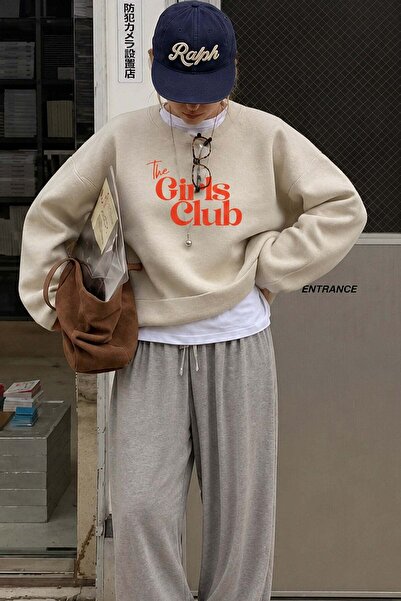 Monila Kadın Premium Kumaş 3 İplik Girls Club Baskılı Sweatshirt