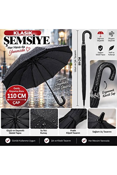 TREND Klasik Siyah Baston Şemsiye – Kavisli Saplı, Dayanıklı ve Geniş Yağmur ...