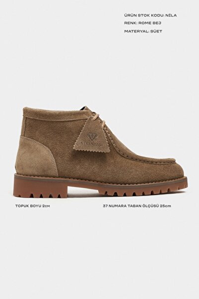 NİŞANTAŞI SHOES Nila Rome Bej Hakiki Süet Deri Bağcık Detay Tırtıklı Kalın Taban Kadın Bot