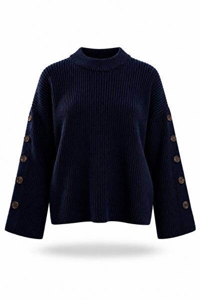 5in1Canpolat Navy Blue Buttoned Sleeve Sweater