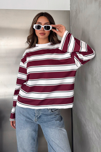 Noa&Noa Women's Striped Crew Neck Long Sleeve Basic Sweatshirt