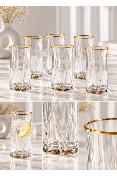 Şahika Kristal cama atılan imza 6-Pack Nehir Gold Soft Drink Glasses