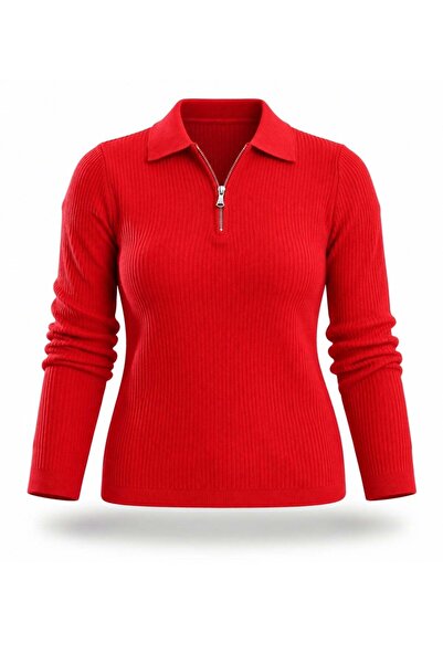 5in1Canpolat Red Polo Collar Zippered Ribbed Knitwear 5668
