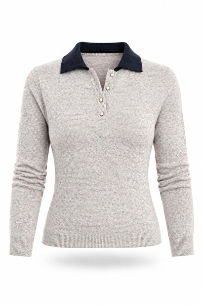 5in1Canpolat Beige Contrast Polo Collar Sweater 261107
