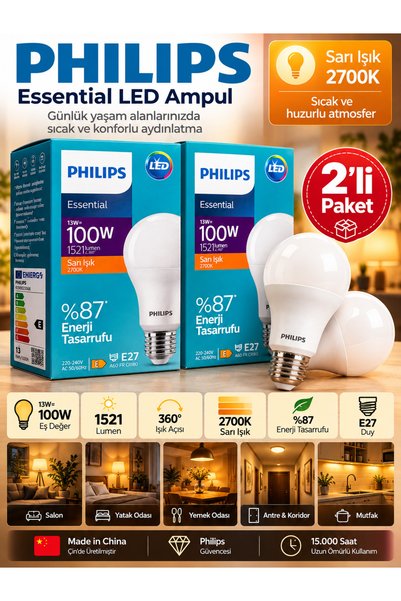Philips (2 Adet) 13W Sarı Işık (2700K) E27 Duylu (Kalın Duy) Led Ampul