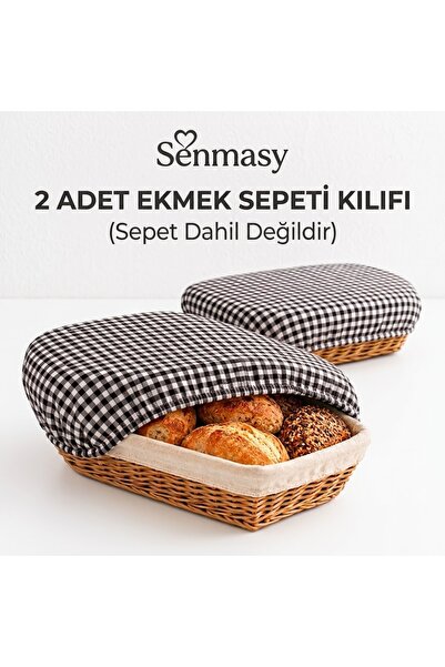 2 Adet Ekmek Sepeti Kılıfı Siyah Pötikare & Lastikli Yıkanabilir Ekmek Sepet Örtüsü