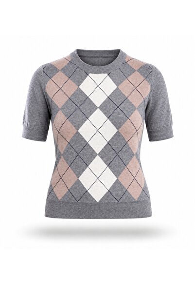 5in1Canpolat Gray Baklava Pattern Short Sleeve Knitwear