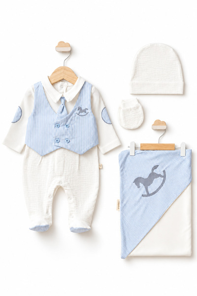 LİLİYUM 100% Cotton 4-Piece Baby Hospital Discharge Set 0-3 Months Baby Boy O...