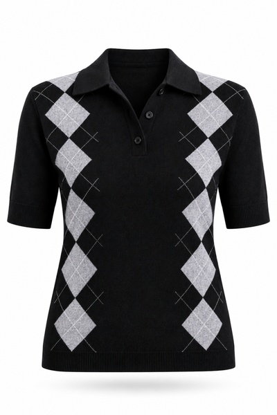 5in1Canpolat Black Diamond Pattern Buttoned Short Sleeve Knitwear