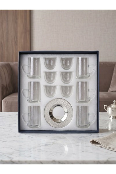 Generic Brand 18Pcs Glass Tea Coffee Set with Decorative Designs and Stainles...