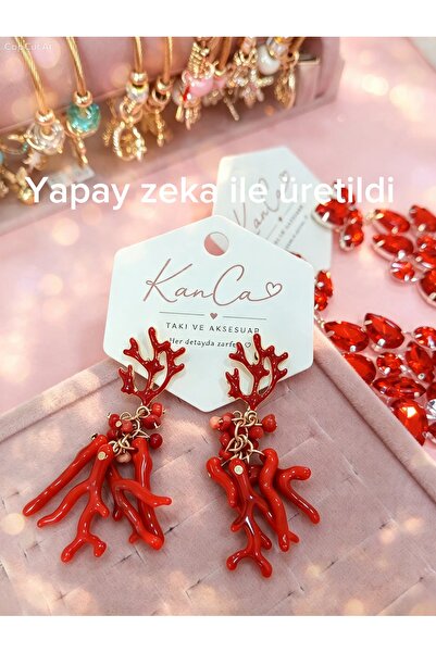 Kadın Kırmızı Mercan Dalı Figürlü Boncuklu Çoklu Sallantılı Çivi Küpe