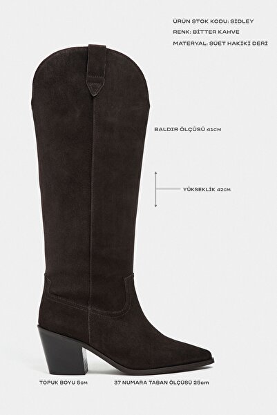 NİŞANTAŞI SHOES Sidley Bitter Kahve Hakiki Süet Deri Sivri Burun Kalın Topuk Kadın Dallas Çizme