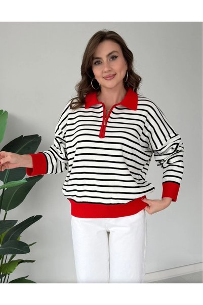 DAMGA Collection Women's Knit Polo Collar Striped Sweater