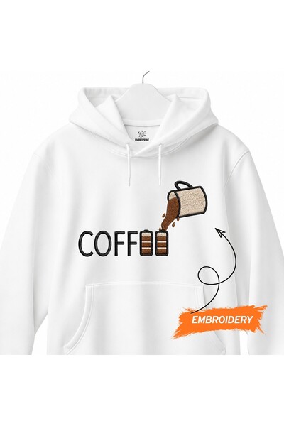 KEYFHOME Hanorac unisex cu glugă, cu broderie tematică Kahve, încărcare de cafea