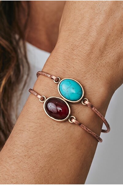NBS Beautiful Naturel Stones Pure Copper 2 Piece Bracelet with Agate and Turquoise Real Natural Stones