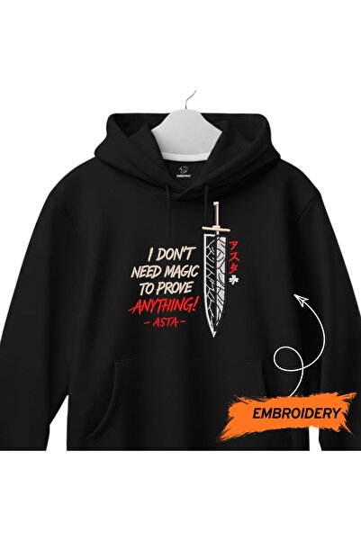 KEYFHOME Hanorac unisex cu glugă cu broderie scrisă Anime Asta Black Clover