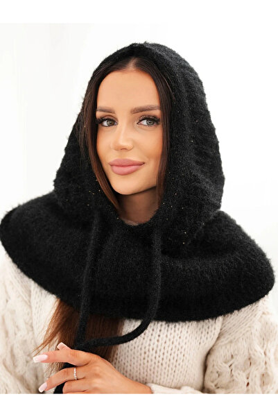 Kesi Cagulă de damă, glugă de iarnă, cu țesătură decorativă, neagră.