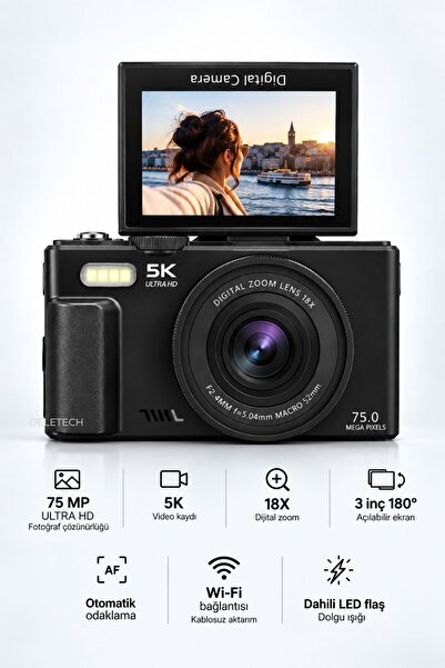 5K 75MP Dijital Fotoğraf Makinesi – Flaşlı Döner Flip Ekran, 18X Dijital Zoom, Türkçe Menü, 64GB SD Kart Hediyeli - SİYAH