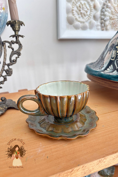 Genel Markalar Stoneware El Yapımı Tasarım Kahve Fincanı ve Tabağı 150 ml - K...