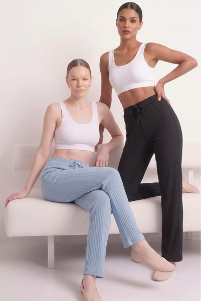 Farya Home 2li Set Kalın Kışlık Şeritli İnterlok Örme Yumuşak Tuşe Pijama Altı