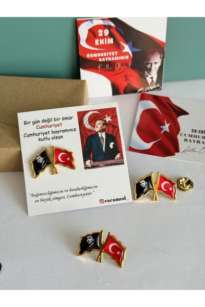 Cacamod Türk Bayrağı ve Atatürk rozeti çift sancaklı broş 29 ekim cumhuriyet ...