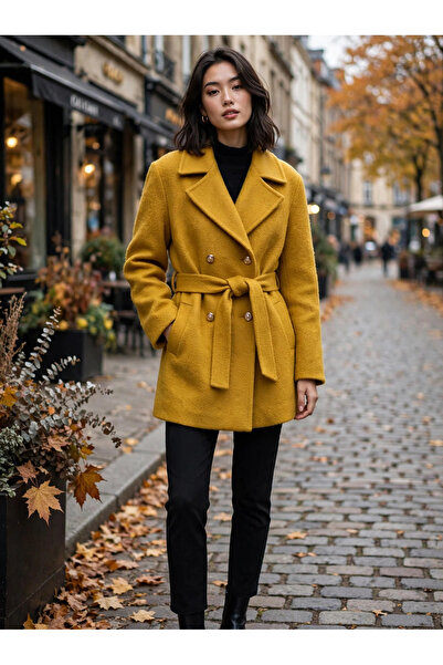Niora Moda Sarı Buklet Kaban Çift Düğmeli Kuşaklı Şık Kadın Kaban