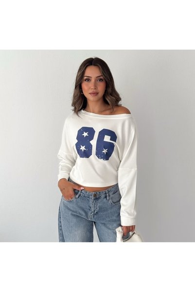 Budan Export Women's Boat Neck Star Print Detailed Loose Crop Long Sleeve Aut...