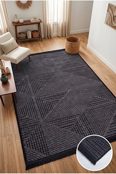 Estiva Home Antrasit Kaymaz Pamuk Taban, Siyah Saçaklı Tozumaz Kilim, Robot S...
