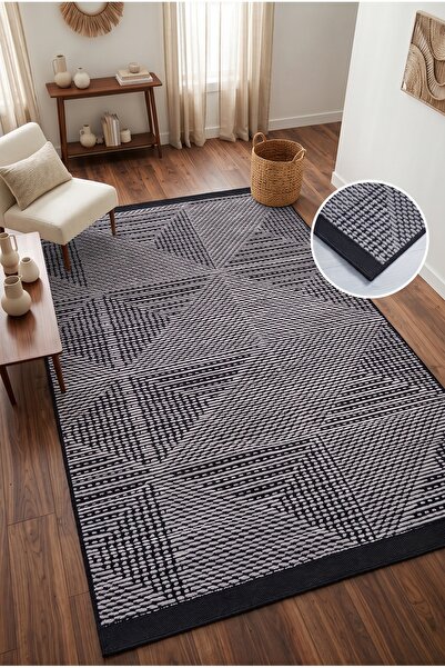 Estiva Home Gri Kaymaz Pamuk Taban, Siyah Saçaklı Tozumaz Kilim, Robot Süpürg...