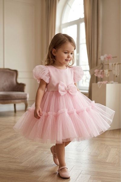 İnce Bebe Kız Çocuk Pembe Tüllü Abiye Elbise – Fiyonklu 1-5 Yaş