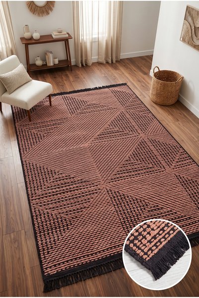 Estiva Home Bej Kaymaz Pamuk Taban, Siyah Saçaklı Tozumaz Kilim, Robot Süpürg...