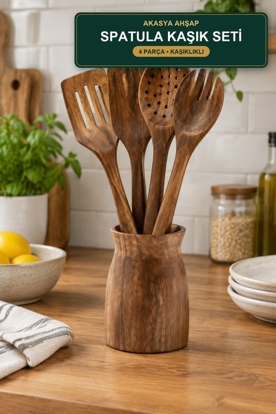 viracasa Acacia Wood Spatula Spoon Set 4 Pieces Spoon with Hole Spatula Colan...