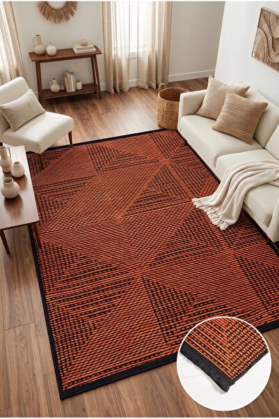 Estiva Home Terra Turuncu Kaymaz Pamuk Taban, Siyah Saçaklı Tozumaz Kilim, Ro...
