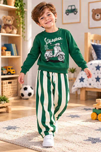 SERPİL Ss Gi̇yi̇m Boys' California Printed 2-Piece Tracksuit Set – Striped Pants