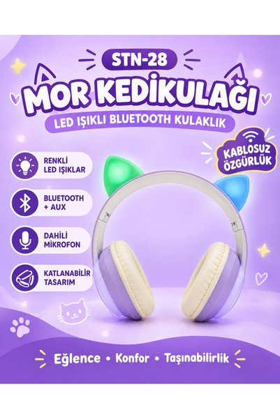 NovMark Kedikulağı LED Işıklı Renkli Kablosuz Bluetooth Kulaklık