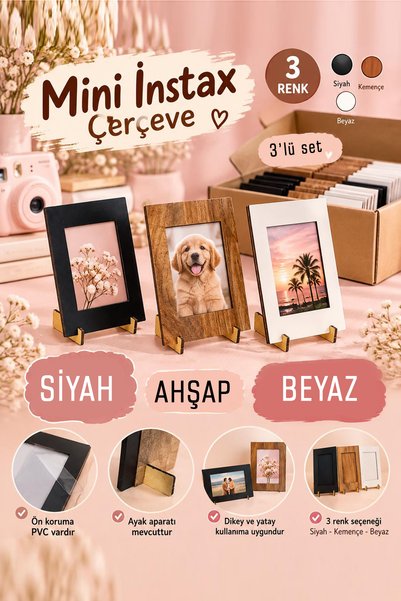 yhfoto 3 ADET MİNİ ÇERÇEVE - İnstax Çerçeve - Siyah Ahşap Beyaz Çerçeve 3lü Set