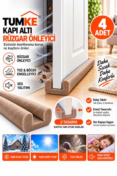 TUMKE Kapı Altı Rüzgar Önleyici4 Adet – U Tipi Kapı Altı Süngeri, Ses Isı Toz ve Böcek Engelleyici Yalıtım Süngeri Izolasyon Bandı