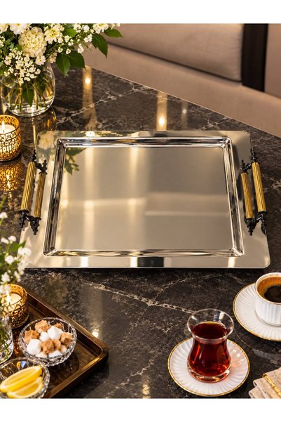 PİNK DESİGN KİTCHEN Stainless Steel Tea Coffee Breakfast and Presentation Tray Silver Gold 26 X 37 cm