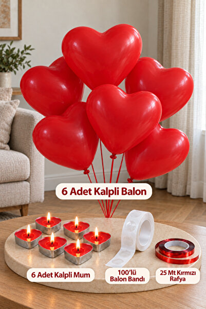Kırmızı Kalpli Balon Seti 6'lı Mum 25 Metre Rafya Sevgililer Günü Evlilik Teklifi Yıldönümü Süsleme