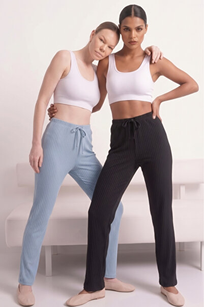 Farya Home 2li Set Kalın Kışlık Şeritli İnterlok Örme Yumuşak Tuşe Pijama Altı