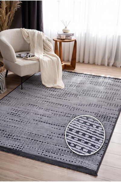 Estiva Home Gri Çamaşır Makinasında Yıkanabilir Kaymaz Pamuk Taban, Siyah Saç...