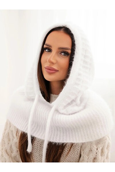 Kesi Balaclavă de damă, glugă de iarnă, cu țesătură decorativă, albă.